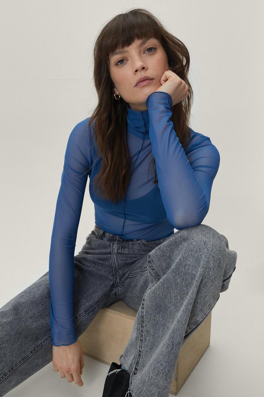 Recycled Mesh Funnel Neck Exposed Seam Top